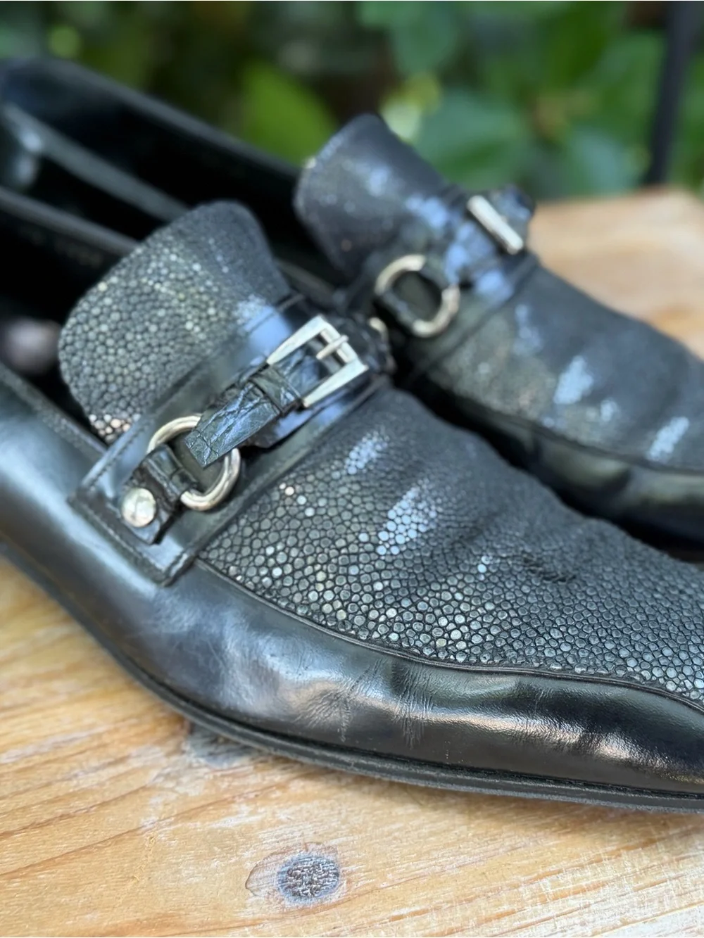 Prada Stingray Shagreen Leather Buckle Loafers